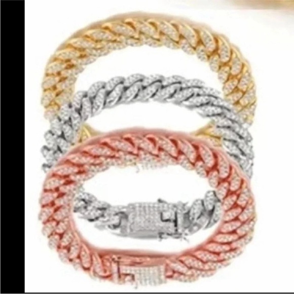 - CUBAN LINK ICED OUT SILVERTONE & ROSE GOLD DOG COLLARS XS 11” - Picture 1 of 14